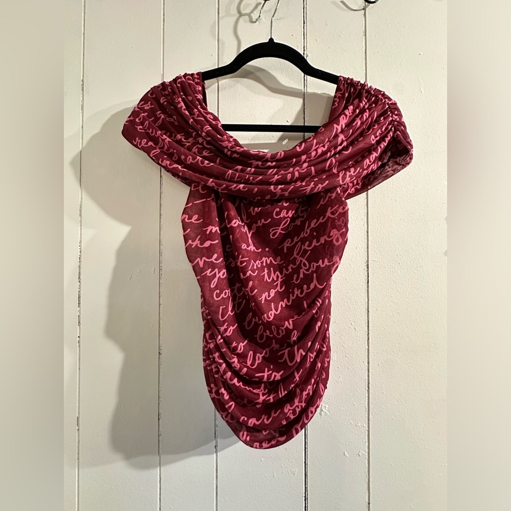 ANTHROPOLOGIE sample off the shoulder Burgundy Script Print Drape Top